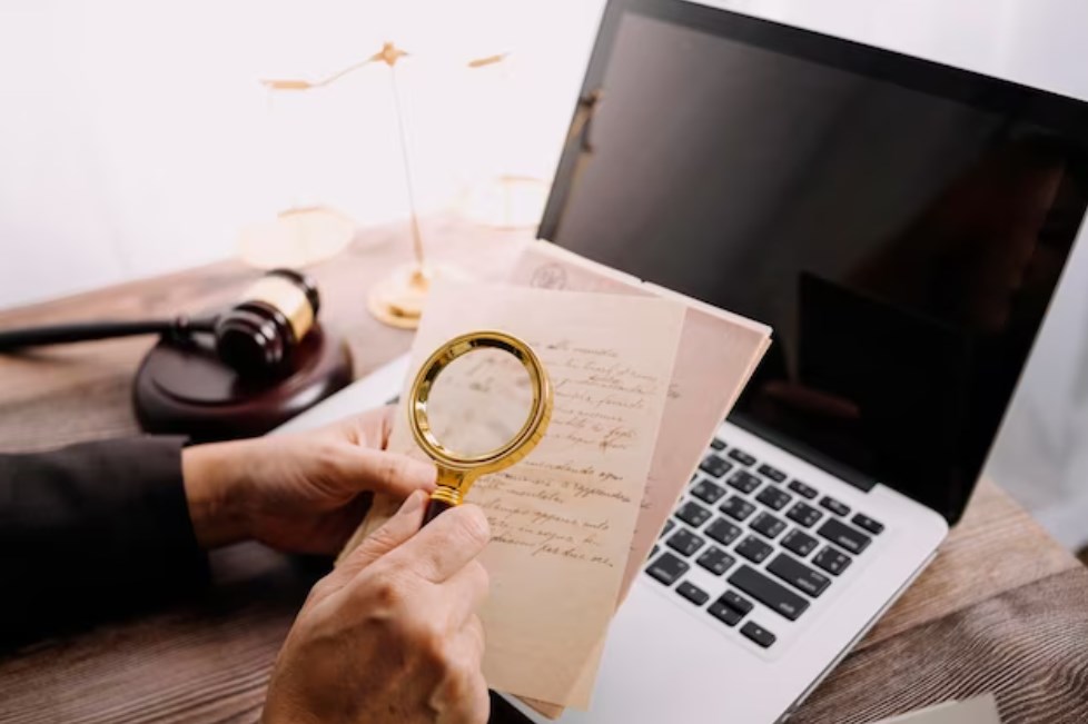  two hands holding a magnifying glass and two papers in front of a laptop