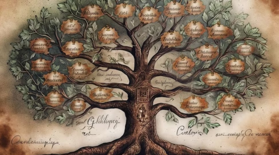 a vintage hand-drawn family tree mural with names of a family