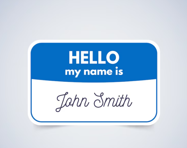 words hello my name is John Smith on white and blue icon