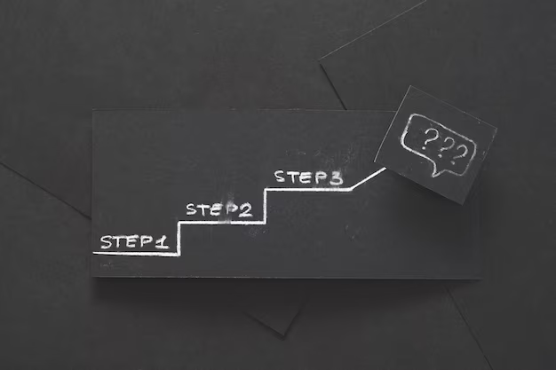 Black chalkboard with stairs drawn, labeled 'Step 1,' 'Step 2,' and 'Step 3'