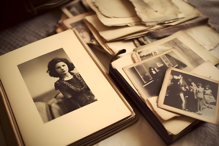 Album and old pictures scattered on a table in sepia tone
