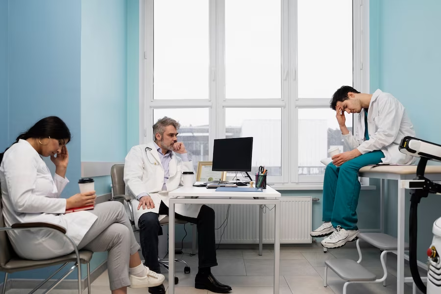 Three tired looking medical professionals inside a room
