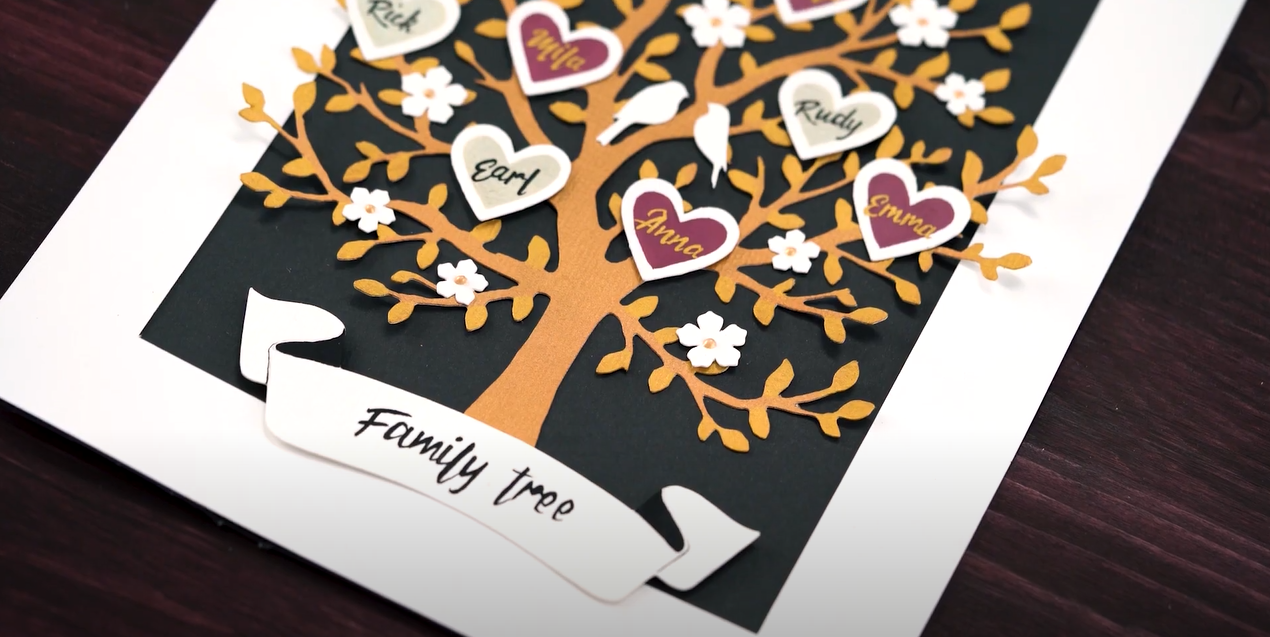 Family tree displayed on a wooden table